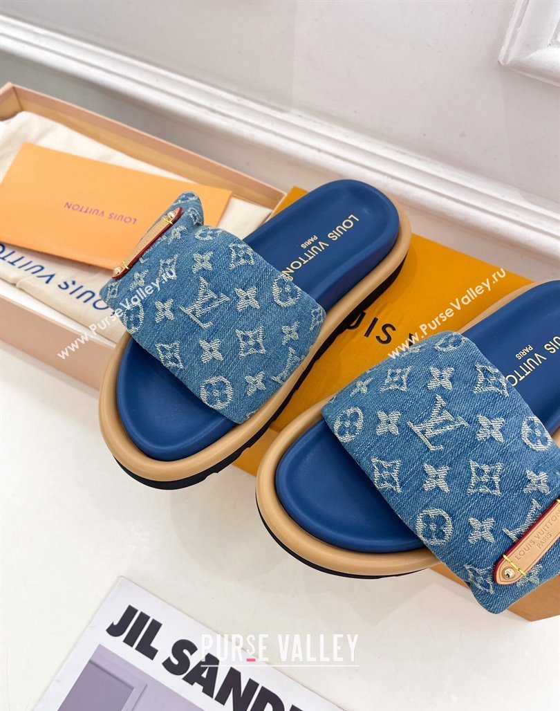 Louis Vuitton Pool Pillow Flat Comfort Slide Sandals in Blue Monogram Denim 2024 0320 (MD-240320043)