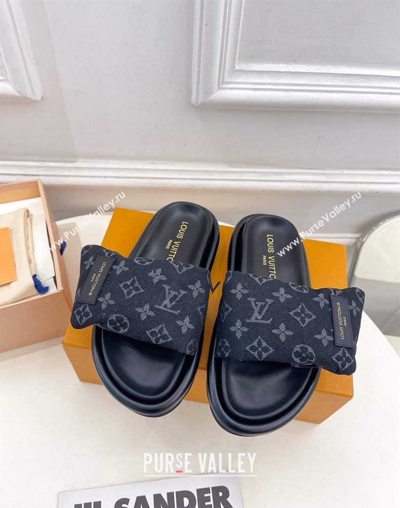 Louis Vuitton Pool Pillow Flat Comfort Slide Sandals in Black Monogram Denim 2024 0320 (MD-240320045)