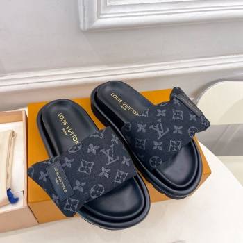 Louis Vuitton Pool Pillow Flat Comfort Slide Sandals in Black Monogram Denim 2024 0320 (MD-240320045)