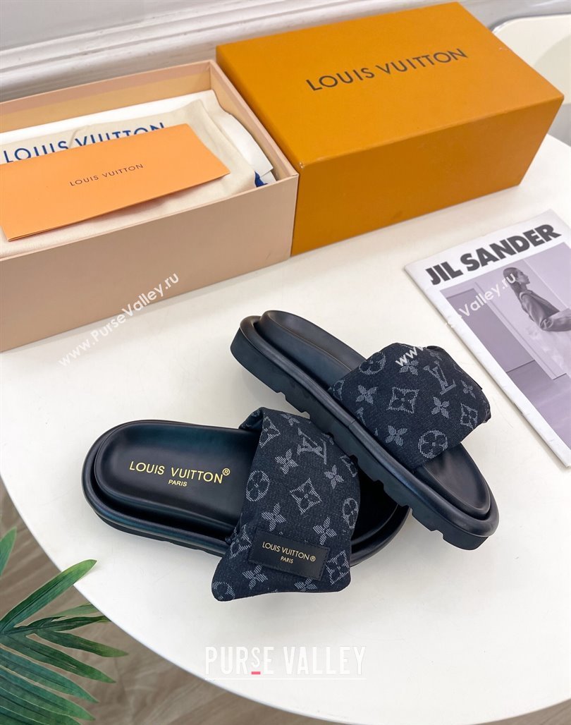 Louis Vuitton Pool Pillow Flat Comfort Slide Sandals in Black Monogram Denim 2024 0320 (MD-240320045)