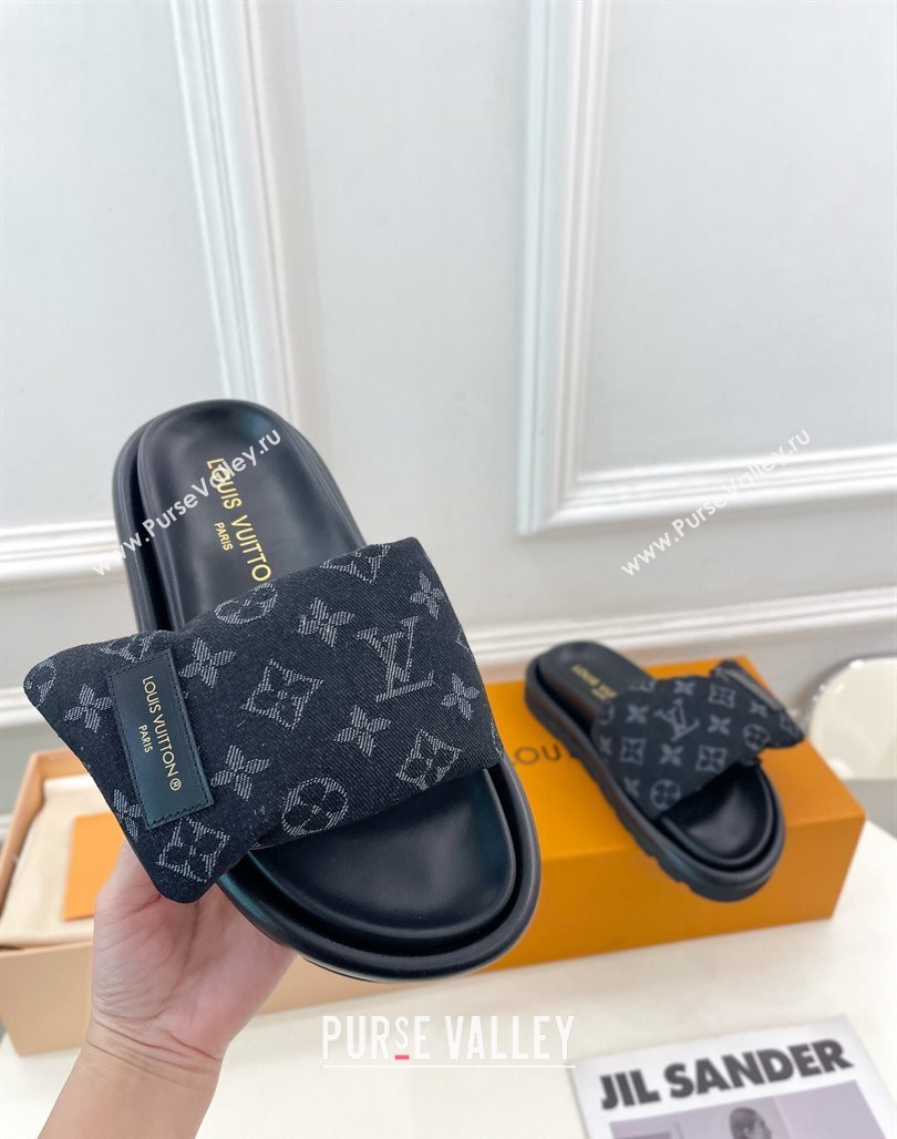 Louis Vuitton Pool Pillow Flat Comfort Slide Sandals in Black Monogram Denim 2024 0320 (MD-240320045)