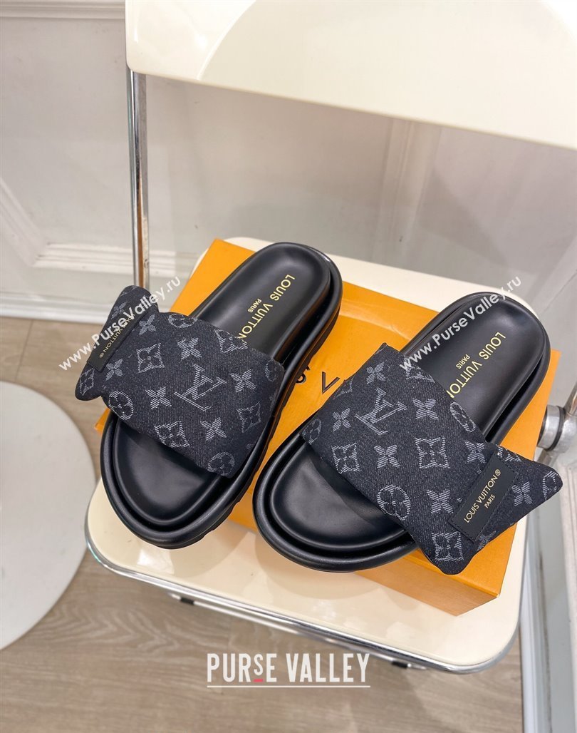 Louis Vuitton Pool Pillow Flat Comfort Slide Sandals in Black Monogram Denim 2024 0320 (MD-240320045)