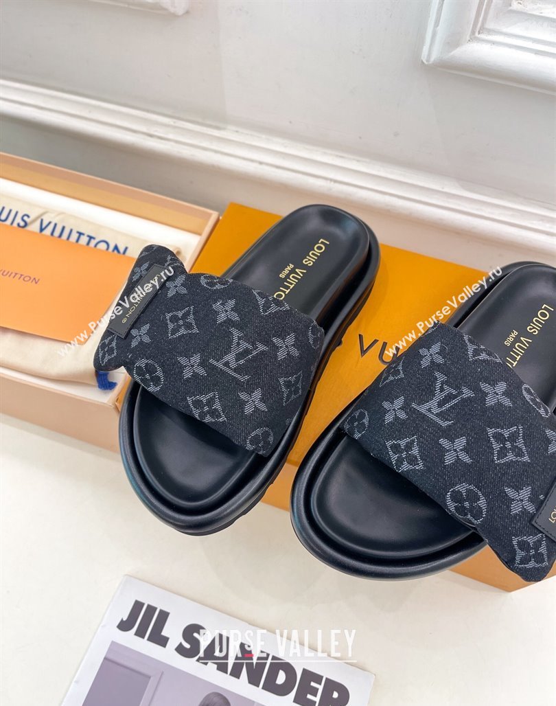 Louis Vuitton Pool Pillow Flat Comfort Slide Sandals in Black Monogram Denim 2024 0320 (MD-240320045)