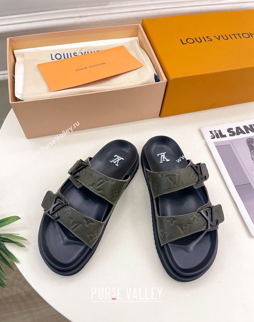 Louis Vuitton Monogram Leather Flat Slide Sandals Green 2024 0320 (MD-240320055)