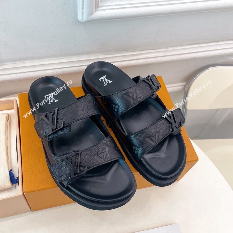 Louis Vuitton Monogram Leather Flat Slide Sandals Black 2 2024 0320 (MD-240320058)