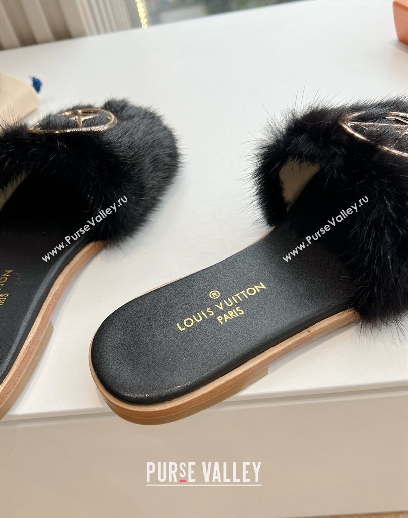 Louis Vuitton LV Mink Fur Flat Slide Sandals Black 2024 G087 (MD-240320076)