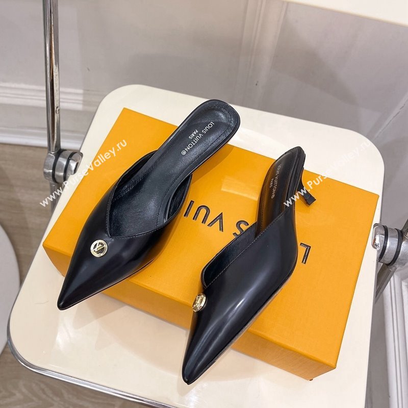 Louis Vuitton Stellar Heel Mules 4cm in Black Glazed Leather 2024 (MD-240426149)