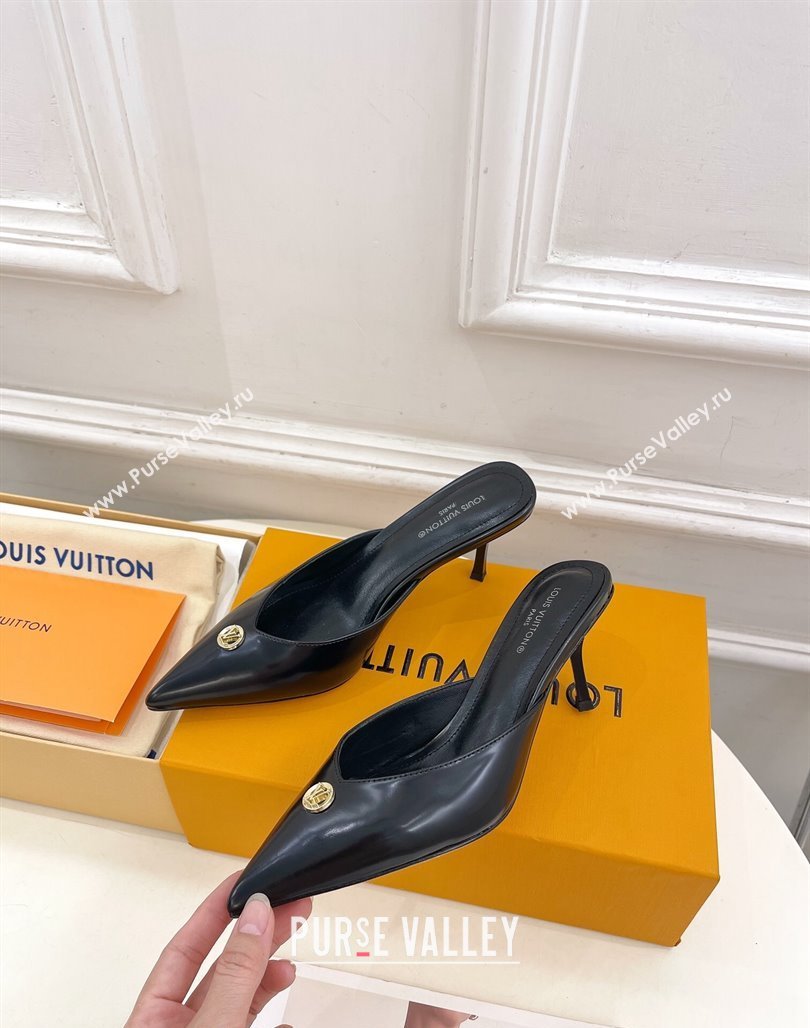 Louis Vuitton Stellar Heel Mules 7cm in Black Glazed Leather 2024 (MD-240426156)