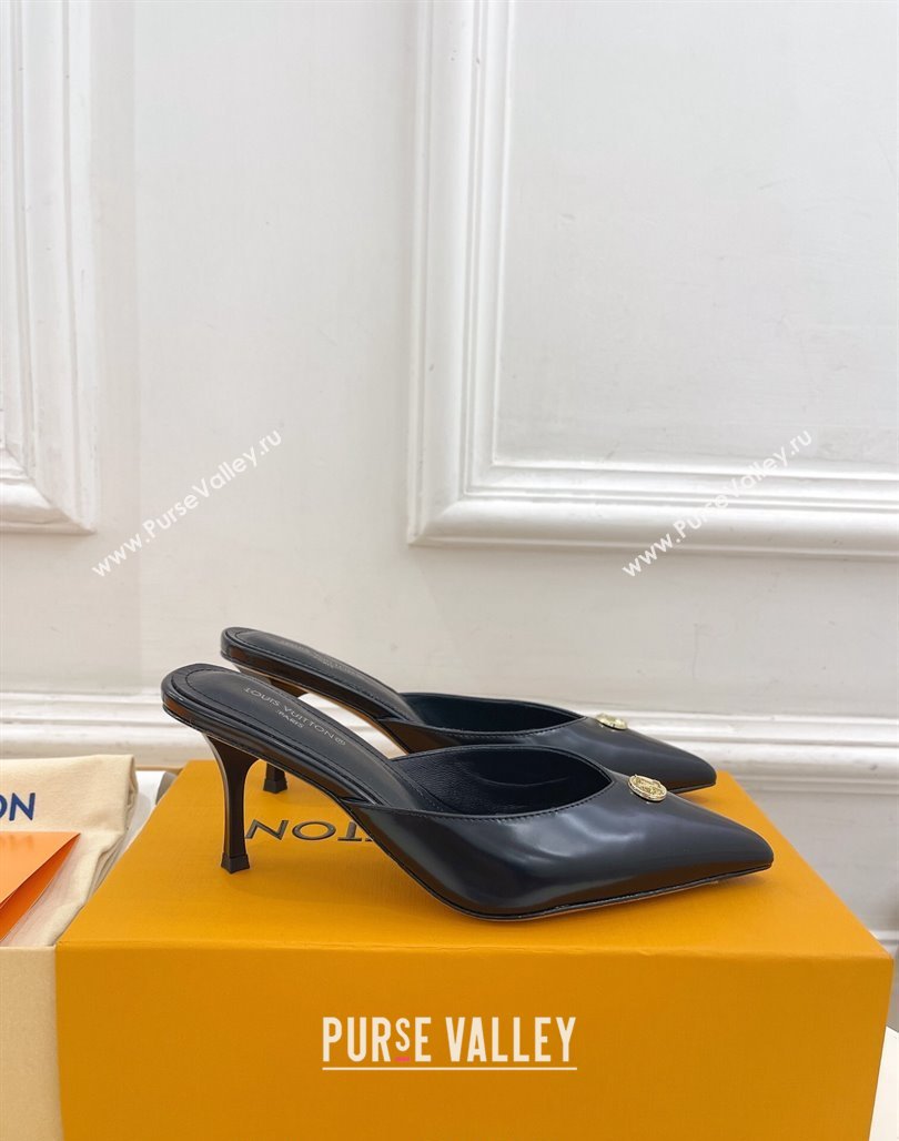 Louis Vuitton Stellar Heel Mules 7cm in Black Glazed Leather 2024 (MD-240426156)