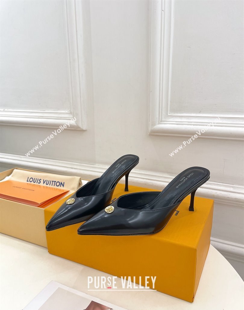 Louis Vuitton Stellar Heel Mules 7cm in Black Glazed Leather 2024 (MD-240426156)
