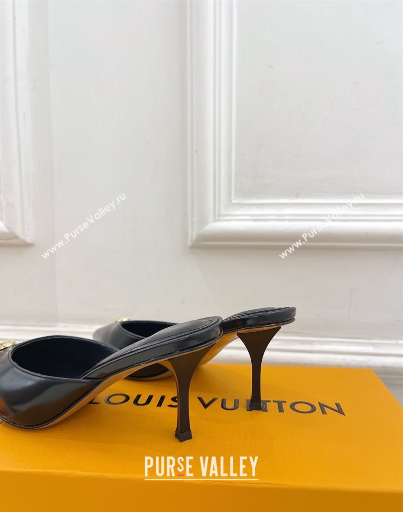 Louis Vuitton Stellar Heel Mules 7cm in Black Glazed Leather 2024 (MD-240426156)