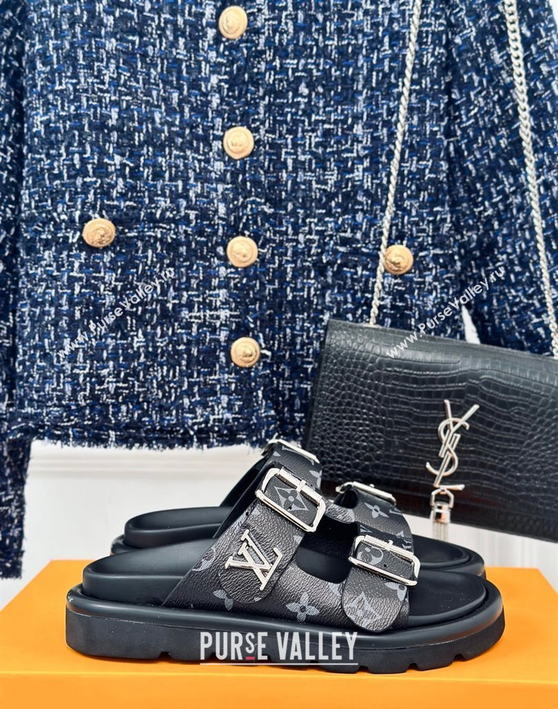 Louis Vuitton Double Buckle Strap Sandals in Monogram Canvas Black 2024 0426 (MD-240426052)
