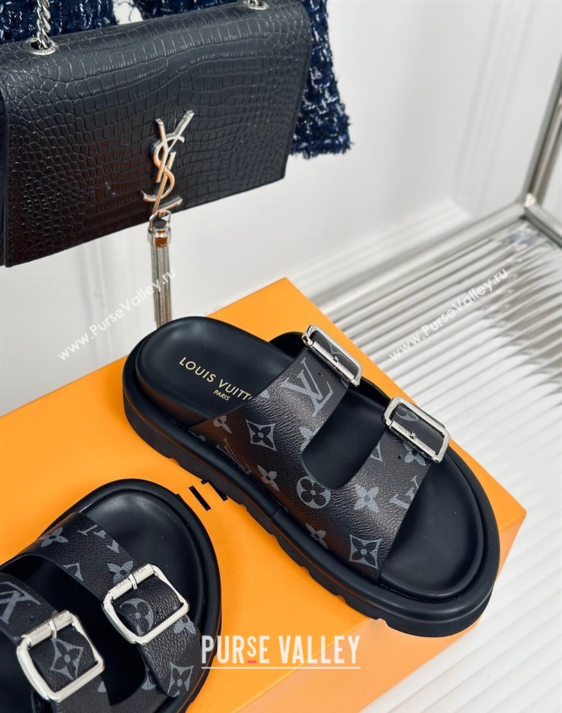 Louis Vuitton Double Buckle Strap Sandals in Monogram Canvas Black 2024 0426 (MD-240426052)