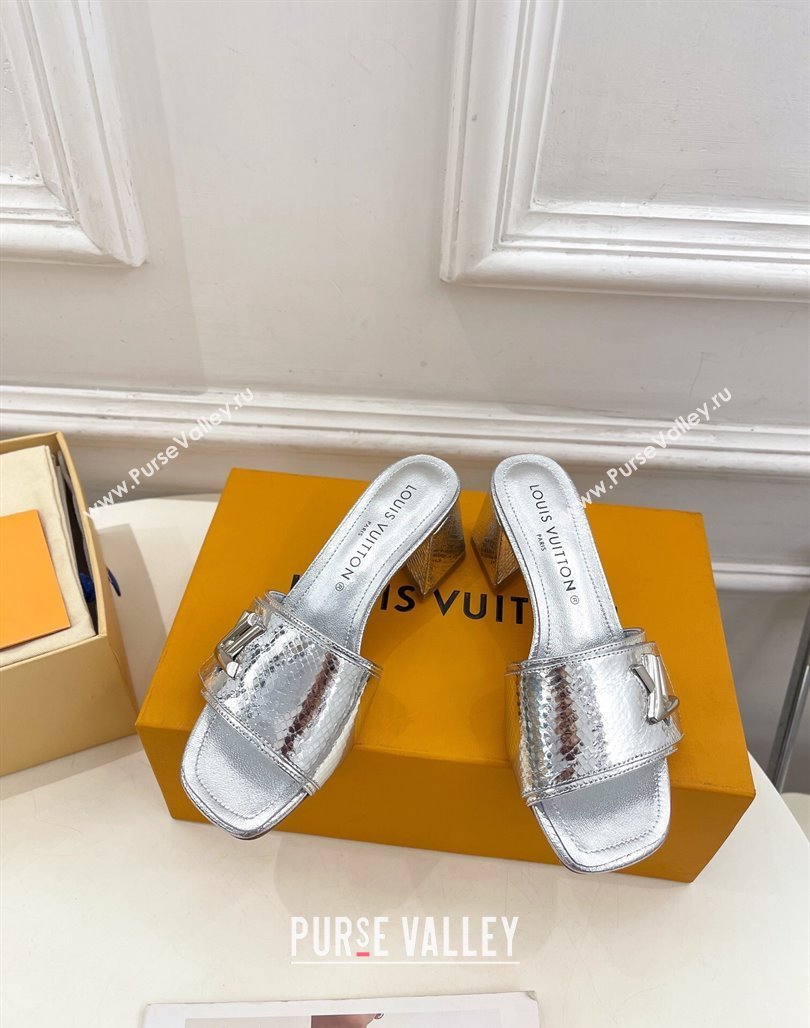 Louis Vuitton Shake Slide Sandals 5.5cm in Snakeskin Embossed Calfskin Silver 2024 0426 (MD-240426062)