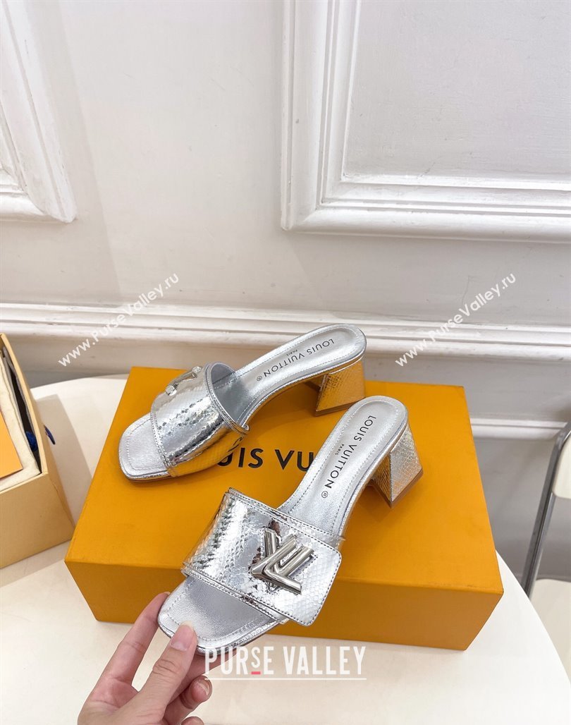 Louis Vuitton Shake Slide Sandals 5.5cm in Snakeskin Embossed Calfskin Silver 2024 0426 (MD-240426062)