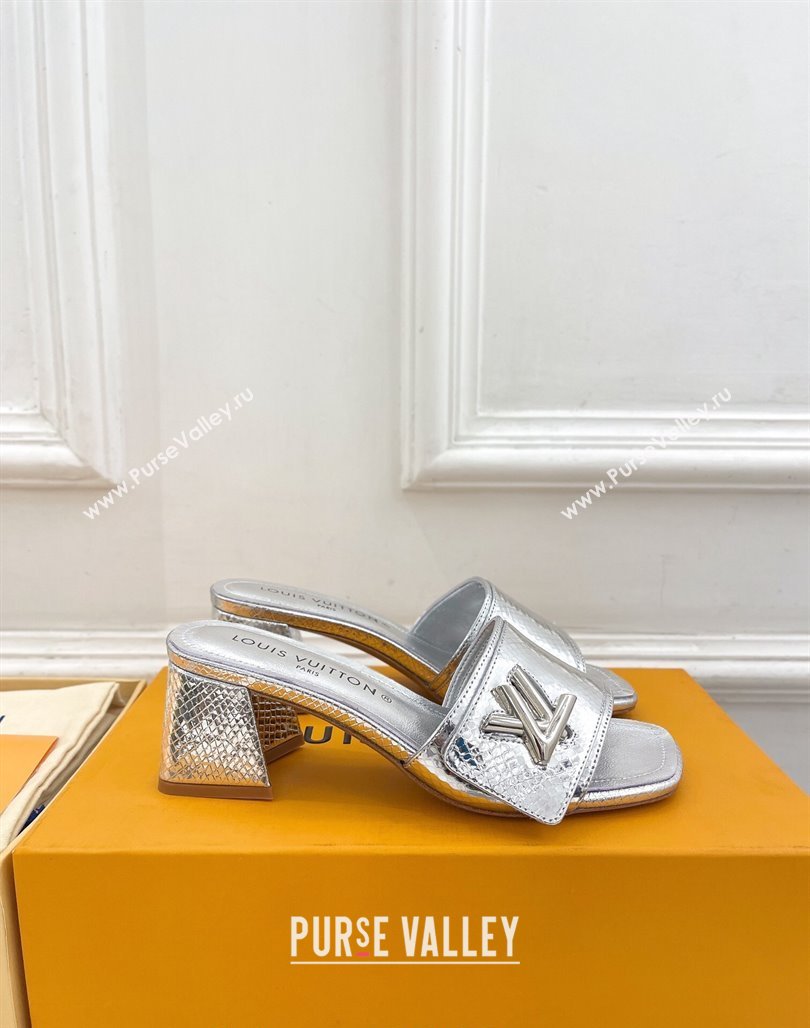 Louis Vuitton Shake Slide Sandals 5.5cm in Snakeskin Embossed Calfskin Silver 2024 0426 (MD-240426062)