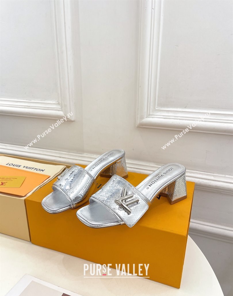 Louis Vuitton Shake Slide Sandals 5.5cm in Snakeskin Embossed Calfskin Silver 2024 0426 (MD-240426062)