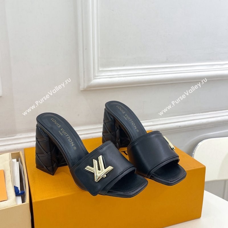 Louis Vuitton Shake Slide Sandals 9cm with Quilted Heel in Calfskin Black/Gold 2024 0426 (MD-240426067)