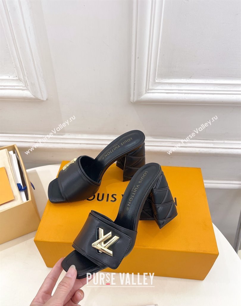 Louis Vuitton Shake Slide Sandals 9cm with Quilted Heel in Calfskin Black/Gold 2024 0426 (MD-240426067)