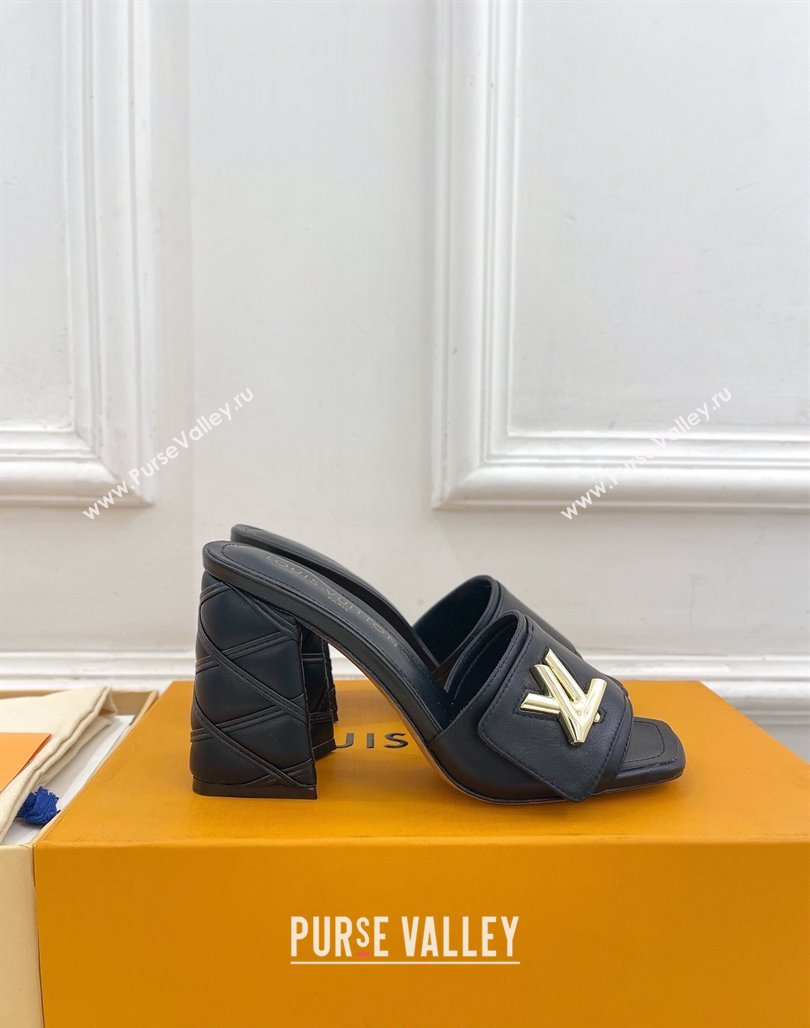 Louis Vuitton Shake Slide Sandals 9cm with Quilted Heel in Calfskin Black/Gold 2024 0426 (MD-240426067)