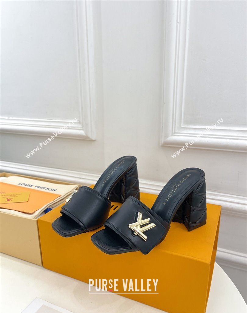 Louis Vuitton Shake Slide Sandals 9cm with Quilted Heel in Calfskin Black/Gold 2024 0426 (MD-240426067)