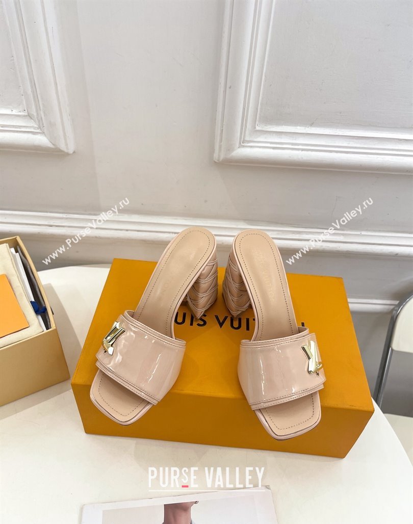 Louis Vuitton Shake Slide Sandals 9cm with Quilted Heel in Patent Calfskin Beige 2024 0426 (MD-240426068)