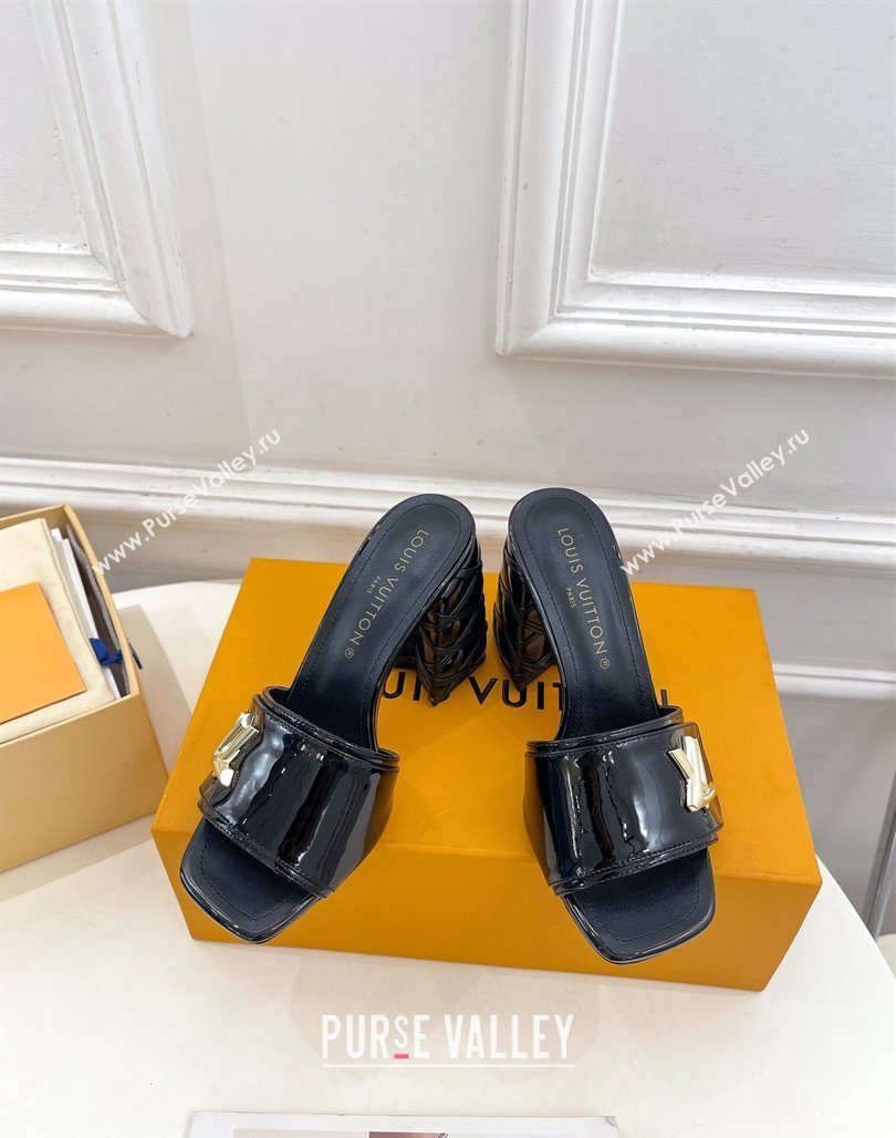 Louis Vuitton Shake Slide Sandals 9cm with Quilted Heel in Patent Calfskin Black 2024 0426 (MD-240426069)