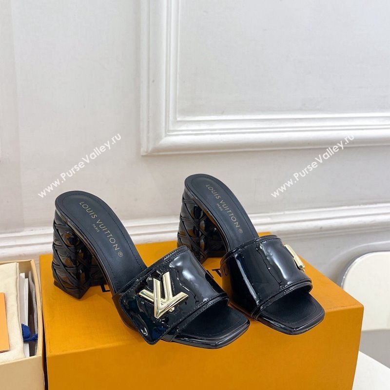 Louis Vuitton Shake Slide Sandals 9cm with Quilted Heel in Patent Calfskin Black 2024 0426 (MD-240426069)