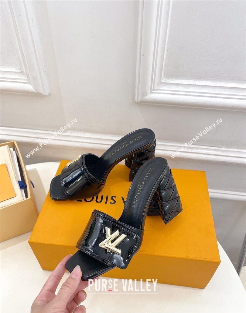 Louis Vuitton Shake Slide Sandals 9cm with Quilted Heel in Patent Calfskin Black 2024 0426 (MD-240426069)