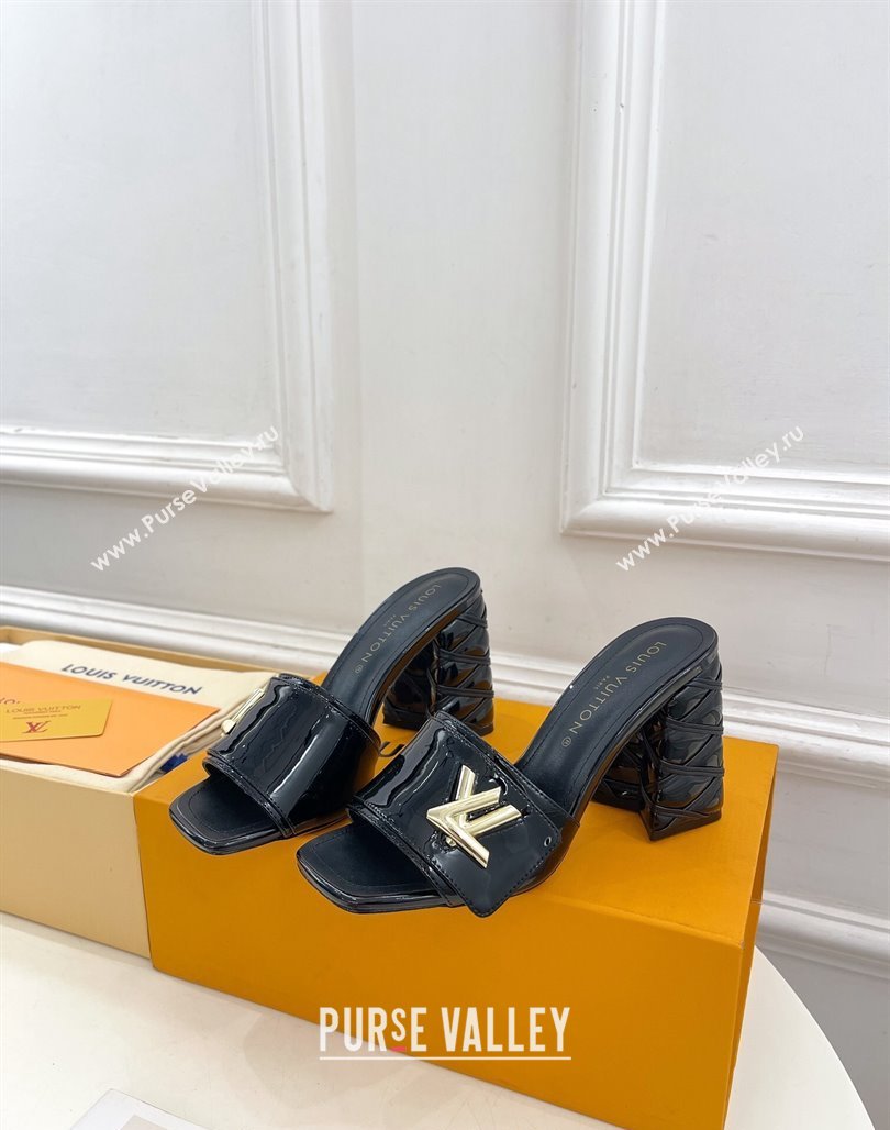 Louis Vuitton Shake Slide Sandals 9cm with Quilted Heel in Patent Calfskin Black 2024 0426 (MD-240426069)