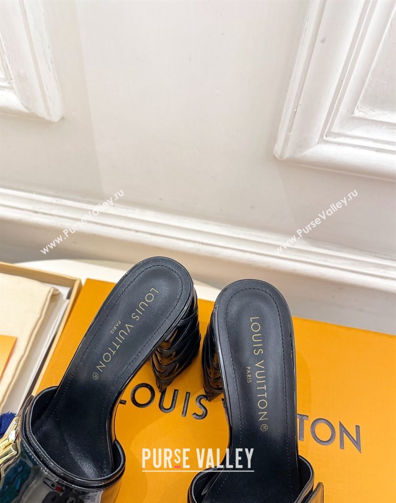 Louis Vuitton Shake Slide Sandals 9cm with Quilted Heel in Patent Calfskin Black 2024 0426 (MD-240426069)