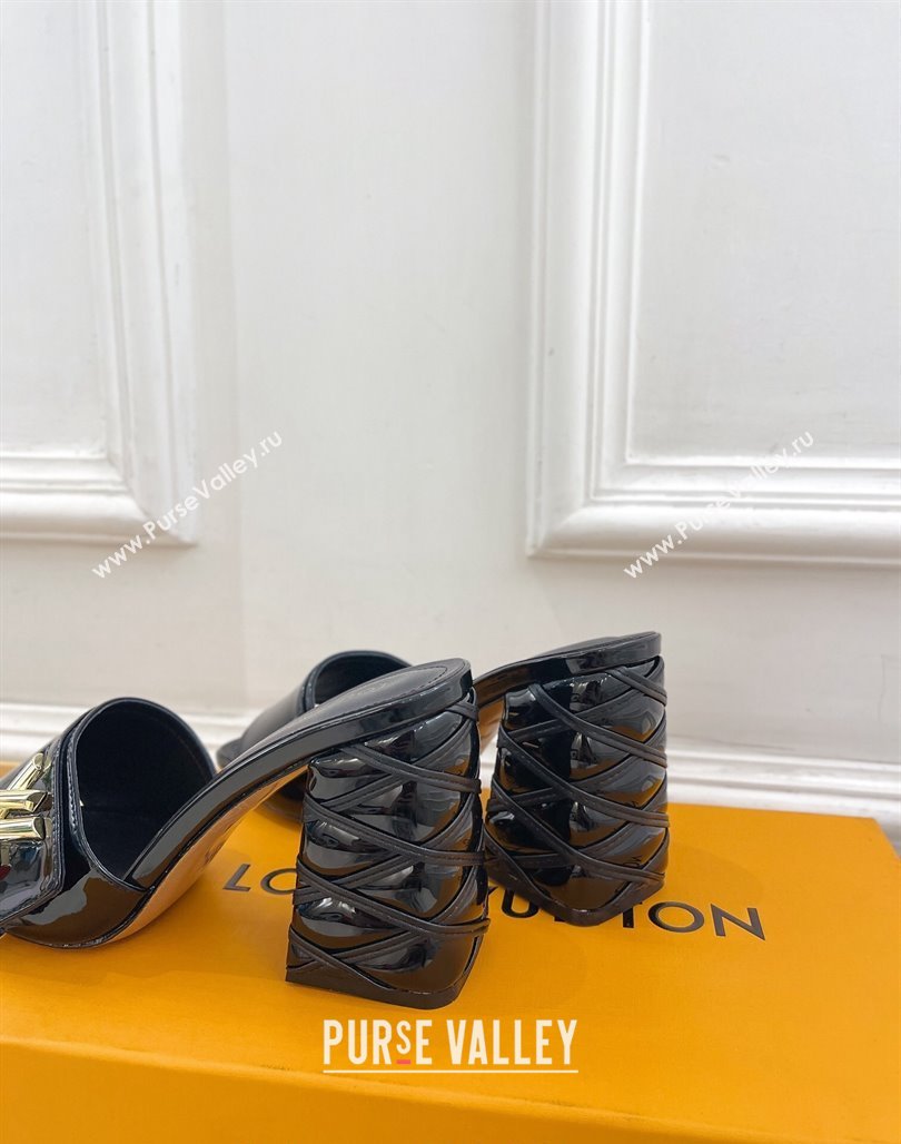 Louis Vuitton Shake Slide Sandals 9cm with Quilted Heel in Patent Calfskin Black 2024 0426 (MD-240426069)