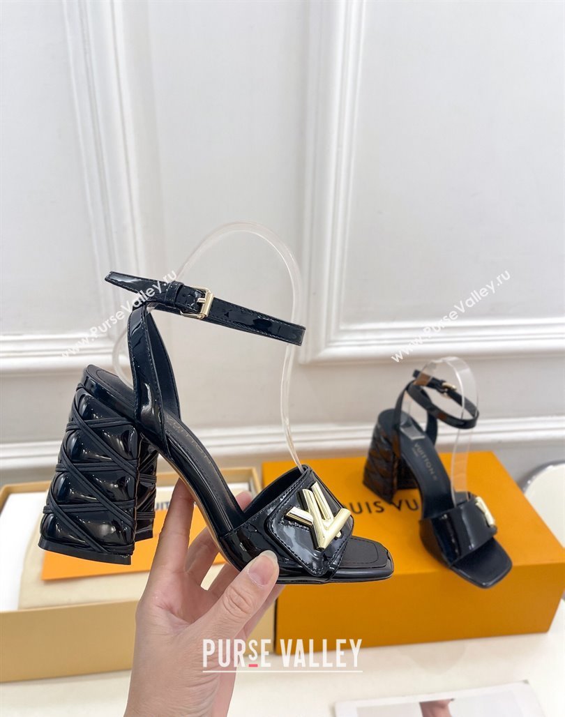 Louis Vuitton Shake Strap Sandals 9cm with Quilted Heel in Patent Calfskin Black 2024 0426 (MD-240426087)