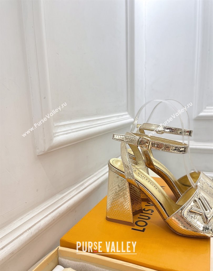 Louis Vuitton Shake Strap Sandals 9cm in Snakeskin Embossed Gold 2024 0426 (MD-240426089)