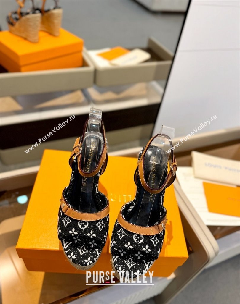 Louis Vuitton Helios Wedge Sandals 11cm in Monogram Jacquard Black 2024 (MD-240426119)