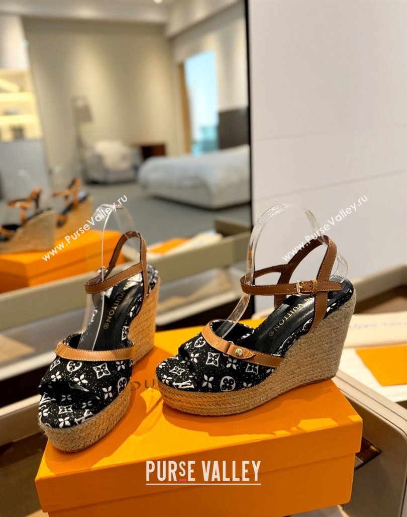 Louis Vuitton Helios Wedge Sandals 11cm in Monogram Jacquard Black 2024 (MD-240426119)