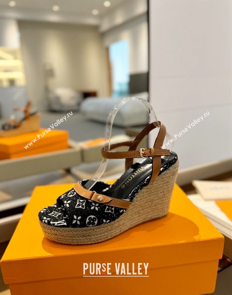 Louis Vuitton Helios Wedge Sandals 11cm in Monogram Jacquard Black 2024 (MD-240426119)