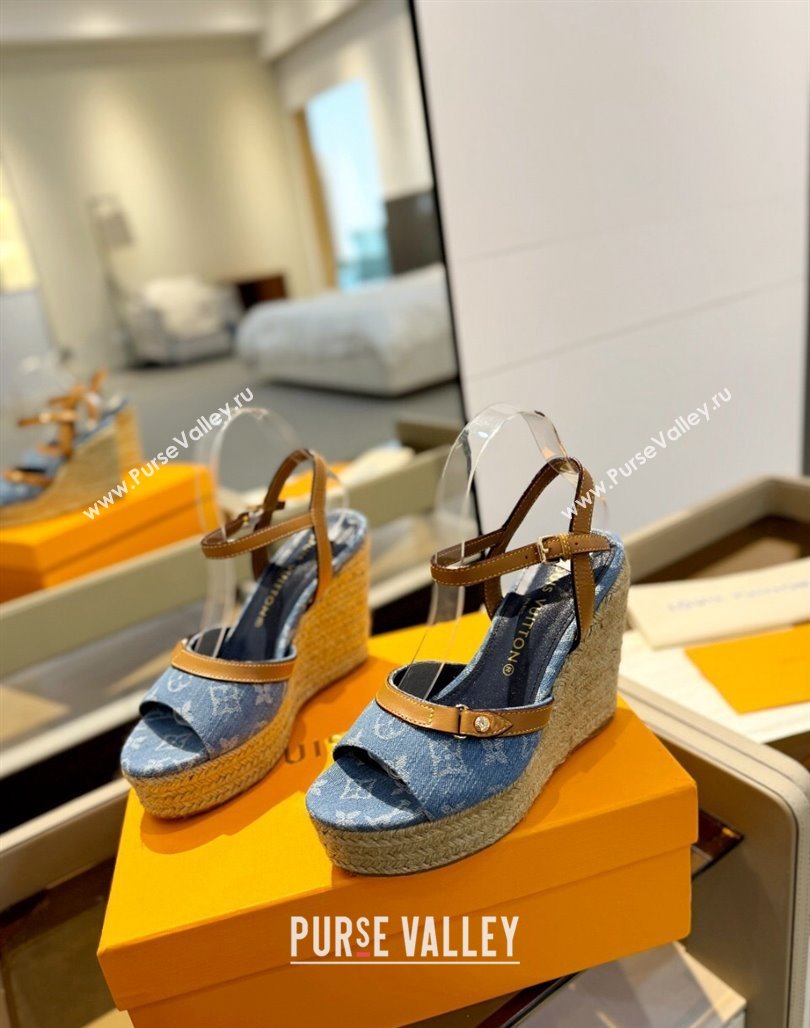 Louis Vuitton Helios Wedge Sandals 11cm in Monogram Denim Blue 2024 (MD-240426120)