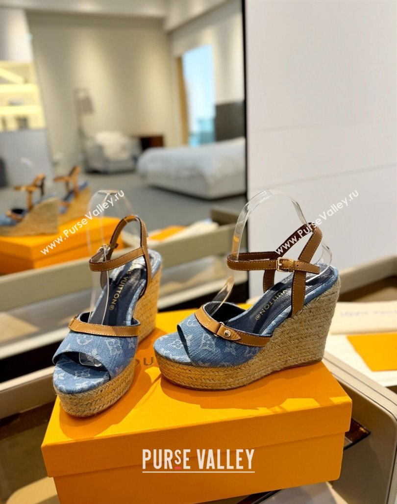 Louis Vuitton Helios Wedge Sandals 11cm in Monogram Denim Blue 2024 (MD-240426120)