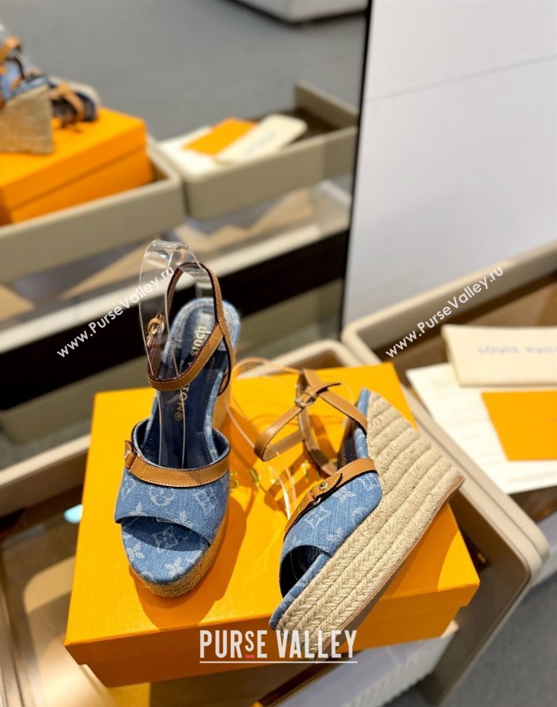 Louis Vuitton Helios Wedge Sandals 11cm in Monogram Denim Blue 2024 (MD-240426120)