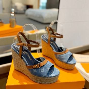 Louis Vuitton Helios Wedge Sandals 11cm in Monogram Denim Blue 2024 (MD-240426120)