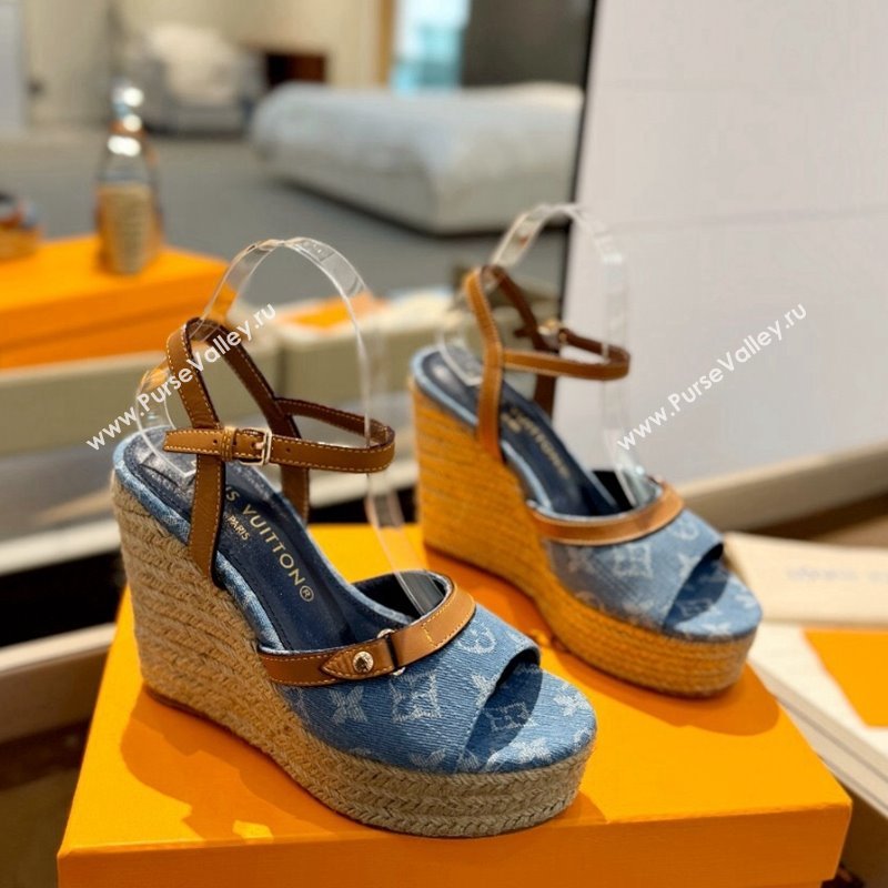 Louis Vuitton Helios Wedge Sandals 11cm in Monogram Denim Blue 2024 (MD-240426120)