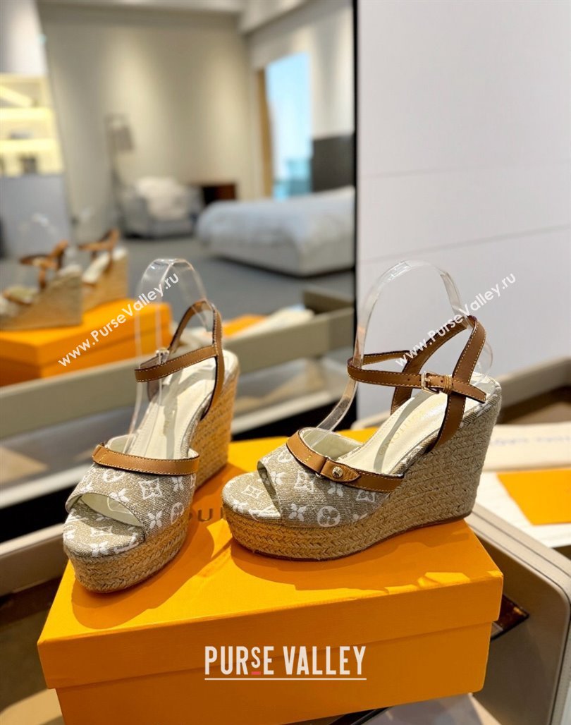 Louis Vuitton Helios Wedge Sandals 11cm in Monogram Jacquard Beige 2024 (MD-240426121)