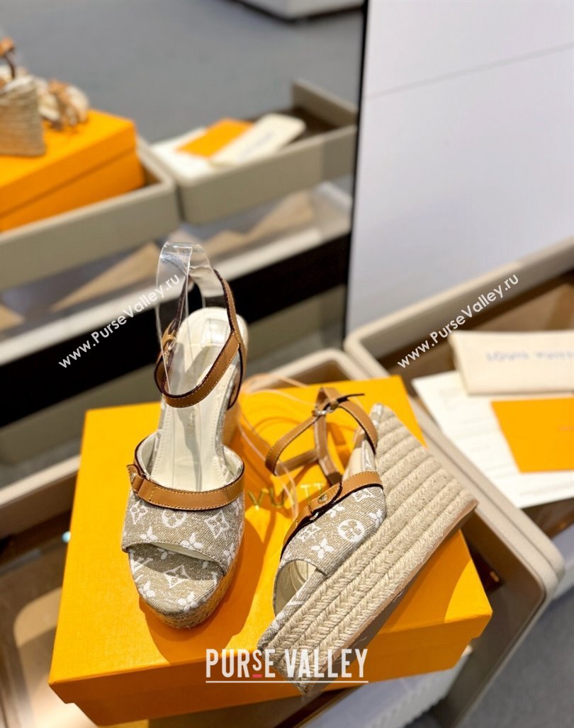 Louis Vuitton Helios Wedge Sandals 11cm in Monogram Jacquard Beige 2024 (MD-240426121)