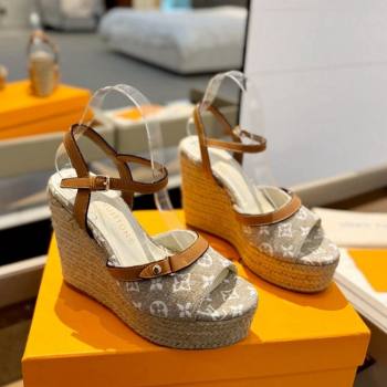 Louis Vuitton Helios Wedge Sandals 11cm in Monogram Jacquard Beige 2024 (MD-240426121)