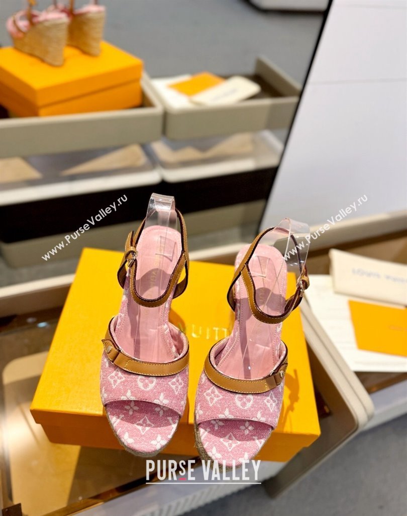Louis Vuitton Helios Wedge Sandals 11cm in Monogram Jacquard Pink 2024 (MD-240426122)