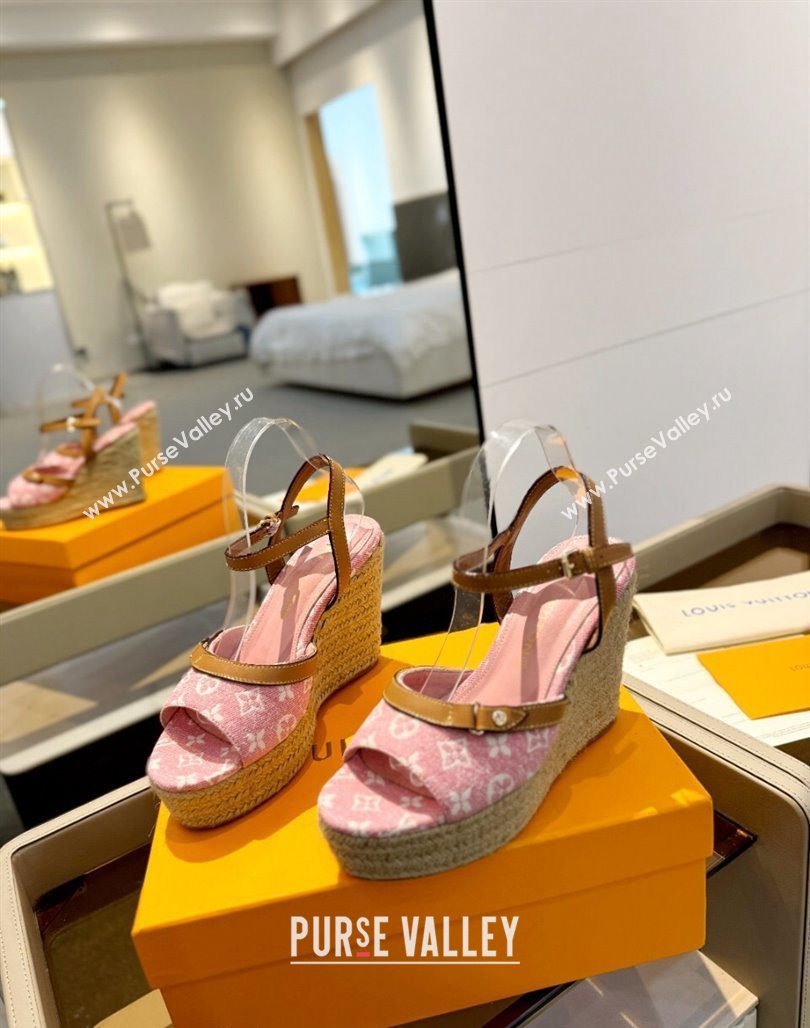 Louis Vuitton Helios Wedge Sandals 11cm in Monogram Jacquard Pink 2024 (MD-240426122)