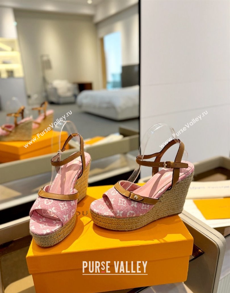 Louis Vuitton Helios Wedge Sandals 11cm in Monogram Jacquard Pink 2024 (MD-240426122)