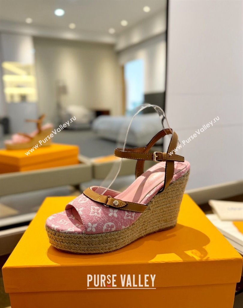 Louis Vuitton Helios Wedge Sandals 11cm in Monogram Jacquard Pink 2024 (MD-240426122)