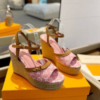 Louis Vuitton Helios Wedge Sandals 11cm in Monogram Jacquard Pink 2024 (MD-240426122)